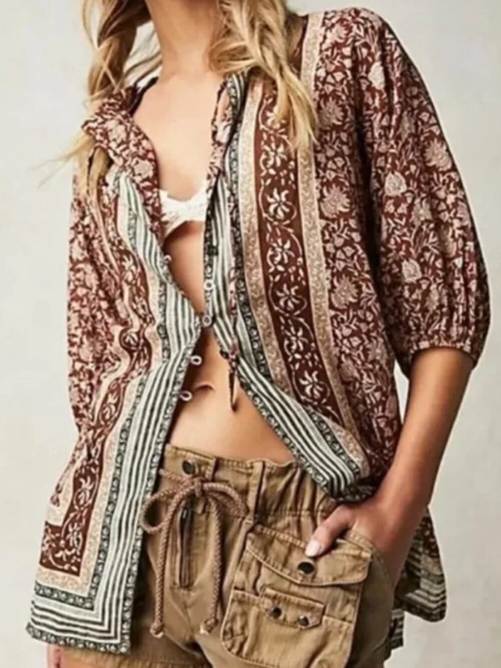 We The Free by Free People Border Batik Top Chestnut Floral Block Print Medium
